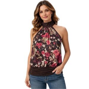 Le Chateau Y2K Floral Halter Tunic Sleeveless Top Blouse Vintage Retro Print XS